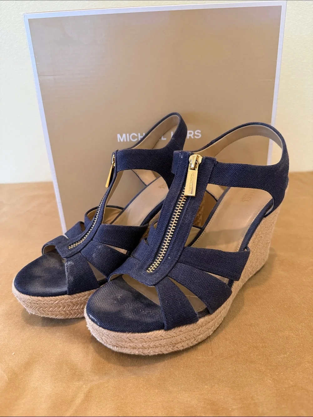 Michael Kors Navy Canvas Espadrille Wedge Sandals with Gold Zipper Detail